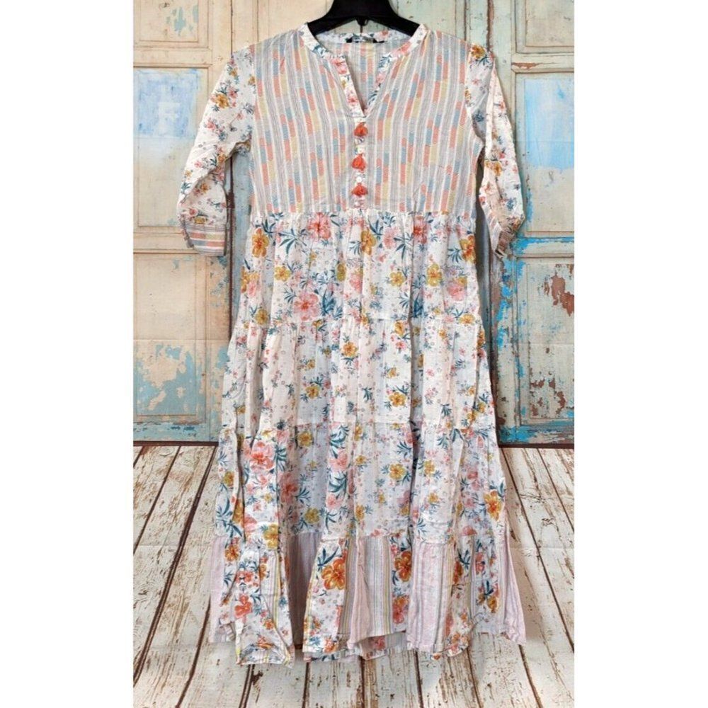 Melange Womens Size Medium Multicolor 3/4 Sleeve Split Neck Fit & Flare Dress - Picture 2 of 11